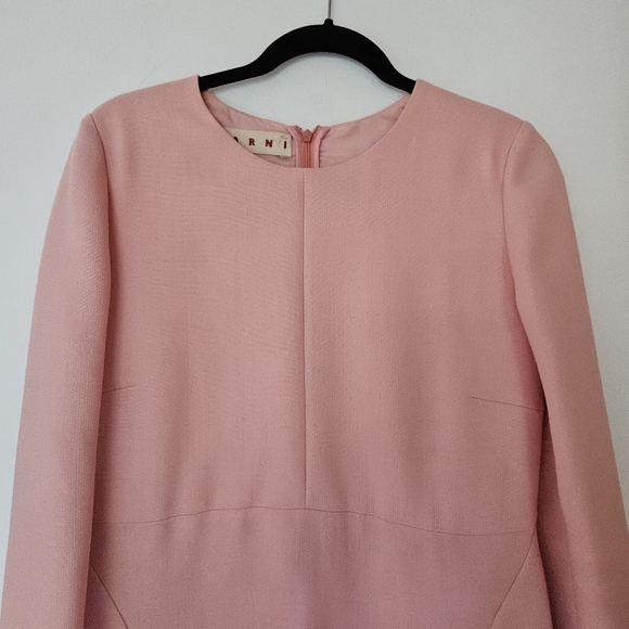 MARNI Wool Crepe Mini Dress 6 Peach Pink Long Sleeve Ruffle Italy - Picture 3 of 15